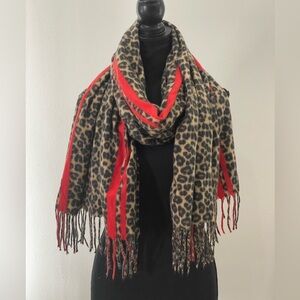 No Brand‎ Cheetah Print/Red Striped Scarf with Fringe